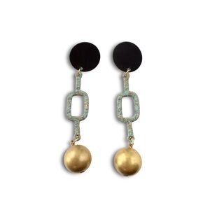 Vintage Modernist Geometric Black Enamel Green Verdigris Matte Golden Earrings